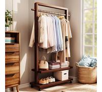 Perchero de madera maciza, perchero de bambú, perchero portátil con estante de almacenamiento y ruedas para colgar ropa, zapatos y ropa, adecuado para entrada, dormitorio, sala de estar Walnut,105