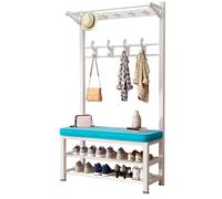 Perchero de metal con banco de 7 a 11 ganchos para almacenamiento de zapatos, muebles de entrada para dormitorio, pasillo, sala de estar, color blanco y azul, tamaño de 100 cm