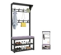 Perchero de metal independiente y banco de zapatos con 8 ganchos, fácil montaje para puerta delantera y armario, elegante diseño gris (60 x 30 x 172 cm)