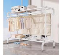 Perchero de metal multifuncional con reposapiés, colgador de entrada de doble riel para ropa y bolsos, elegante diseño blanco, solución de almacenamiento que ahorra espacio