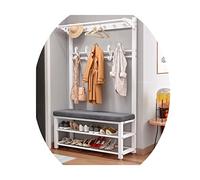 Perchero de pared 4 en 1 para recibidor, con banco para guardar zapatos, con 2 estantes, con ganchos, estructura de acero mate, altura 172 cm, industrial, fácil montaje (color: negro gris, tamaño: