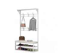 Perchero de pie, banco de zapatos de esponja, estante doble, 6 ganchos, perchero de entrada para ropa, trajes, para sombrero, ropa, bolso, bufandas, bolsos, paraguas, zapatos (2 blancos + blancos 60 x