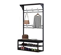 Perchero de pie, banco de zapatos de esponja, estante doble, 6 ganchos, perchero de entrada para ropa, trajes, para sombrero, ropa, bolso, bufandas, bolsos, paraguas, zapatos (3 negro + negro 80 x 28
