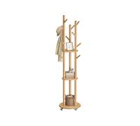 VASAGLE Perchero de Pie, Perchero con 11 Ganchos y 3 Estantes, 4 Ruedas Giratorias de 360° y Extraíbles, Ganchos y Postes de Madera, para Entrada Dormitorio Salón, Natural RCR023YK01