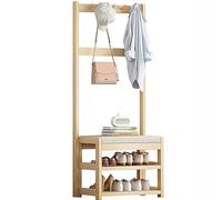 Perchero de pie de madera con 10 ganchos, riel multifuncional para ropa y banco de zapatos para dormitorio, hogar, oficina, soluciones de almacenamiento en interiores