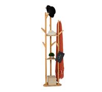 Relaxdays Perchero de Pie Triangular, 9 Ganchos, Bambú, 2 Baldas, Colgador Chaquetas, 168,5 x 47 x 47 cm, Natural