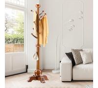 Perchero independiente con 7 ganchos, de madera maciza, para entrada, pasillo, dormitorio, altura ajustable, base estable, capacidad de carga: 100 kg