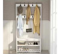 Perchero independiente con banco de zapatos, almacenamiento de zapatos de 2 niveles y ganchos, muebles de entrada para 6-8 pares, fácil montaje, perfecto para sala de estar y pasillo