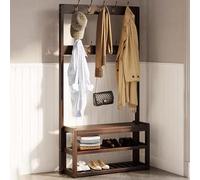 Perchero independiente con banco para zapatos, almacenamiento de zapatos de 2 niveles y ganchos para entrada para 6 o 8 pares, fácil montaje, ideal para sala de estar y pasillo
