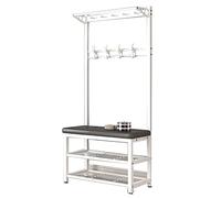 Perchero industrial 4 en 1 con banco de almacenamiento, zapatero de 2 niveles, colgador de entrada, exquisito perchero de ropa para abrigos y zapatos, solución elegante para el hogar