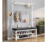 Perchero industrial con banco de almacenamiento de zapatos, árbol de pasillo de pie resistente con ganchos, abrigo de metal blanco y organizador de zapatos (tamaño: 80 cm)