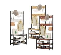 Perchero industrial con banco de zapatos, estante Sto de 3 niveles, fácil de montar, diseño rústico negro y teca, 50 cm, metal y madera