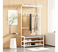 Perchero industrial con ganchos extraíbles y soporte para zapatos de 2 niveles, árbol de ropa independiente con banco, entrada de almacenamiento, para sala de estar y pasillo