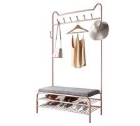 Perchero industrial para zapatos, banco independiente para entrada, pasillo, árbol con ganchos, cojín de asiento de piel sintética, almacenamiento elegante para zapatos y abrigos, muebles modernos