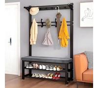 Perchero industrial y banco de zapatos con asiento tapizado, organizador de pasillo montado en la pared para sala de estar y vestíbulo. Elegante color negro, 32.9 cm de profundidad x 99.4 cm de ancho