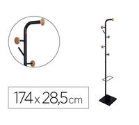 Perchero Metalico Q-Connect Negro Con Detalles De Madera 6 Colgadores Y Paraguero 174X28,5 Cm