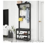 Perchero multifuncional y banco de zapatos de 60 cm, color negro, con ganchos, elegante solución de almacenamiento para pasillo, diseño independiente, muebles que ahorran espacio