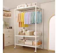 Perchero resistente con ruedas, 3 niveles ajustables con varillas y ganchos laterales, armario de almacenamiento independiente con ruedas para organización de dormitorio, lavandería,