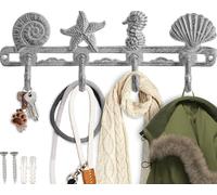 Perchero vintage de hierro fundido rústico con 4 ganchos decorativos, conchas marinas, incluye tornillos y anclajes, decoración de casa de playa, color blanco antiguo