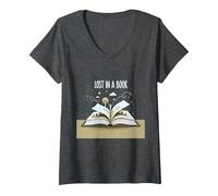 Perdido en un Libro: Obra de Arte mágica de Aventura de Lectura Camiseta Cuello V, Mujer, Jaspeado Oscuro, L