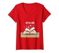 Perdido en un Libro: Obra de Arte mágica de Aventura de Lectura Camiseta Cuello V, Mujer, Rojo, XL