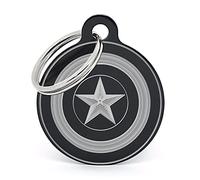PERDIDUS Placa para perro personalizada CAPITAN AMERICA. Grabado del nombre y teléfonos. (32 mm, Rojo)