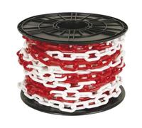 Perel Cadena de barrera roja blanca 25 m en rollo, cadena de seguridad de plástico para interiores y exteriores, cadena de señalización para obra, zona de aparcamiento, almacén, terreno o evento