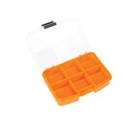 Perel Caja de almacenamiento, 6 compartimentos fijos, transparente, cubierta apilable, 134 x 101 x 31 mm, naranja/negro