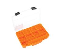 Perel Caja de almacenamiento, 9 compartimentos fijos, transparente, cubierta apilable, 194 x 140 x 33 mm, naranja/negro