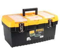 Perel Caja de herramientas, 3 compart. en tapa, mango plegable, cierres metálicos, negro/naranja