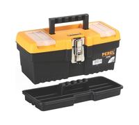 Perel Caja de herramientas, polipropileno, con contenido de herramienta extraíble, 2 compartimentos en la tapa, mango plegable y cierre de metal, negro/naranja, 320 x 155 x 139 mm
