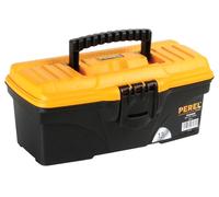 Perel Caja de herramientas, polipropileno, con bandeja de herramientas extraíble, manija plegable y cierre de plástico, negro/naranja, 320 x 165 x 136 mm