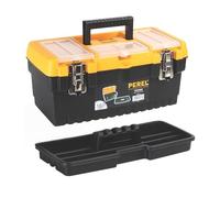 Perel Caja de herramientas, polipropileno, con bandeja de herramientas extraíble, 3 compartimentos en la tapa, mango plegable y cierres de metales, negro/naranja, 413 x 212 x 186 mm