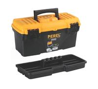 Perel Caja de herramientas, polipropileno, con bandeja de herramientas extraíble, manija plegable y cierres de plástico, negro/naranja, 410 x 209 x 195 mm