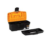 Perel Caja de herramientas, polipropileno, con bandeja de herramientas extraíble, manija plegable y cierre de plástico, negro/naranja, 320 x 165 x 136 mm