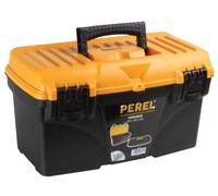 Perel Caja de herramientas, polipropileno, con bandeja de herramientas extraíble, manija plegable y cierre de plástico, negro/naranja, 432 x 250 x 238 mm