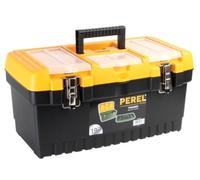 Perel Caja de herramientas, polipropileno, con información sobre herramientas extraíbles, 3 compartimentos en la tapa, mango plegable y cierres de metales, negro/naranja, 486 x 267 x 242 mm