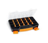 Perel Caja de surtido, caja de almacenamiento de plástico, hasta 20 compartimentos con 16 separadores extraíbles, tapa transparente, apilable, para tornillos tuercas clavos y piezas pequeñas, taller