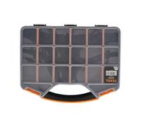 Perel Caja de almacenamiento, máx. 20 compartimentos, 16 separadores, transparente, cubierta apilable, 326 x 257 x 48 mm, negro/amarillo