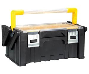 Perel Organizador de herramientas 21 L con 12 compartimentos y 2 niveles, maletín de herramientas con asa de aluminio y cierres metálicos, organizador para tornillos y piezas pequeñas, 45,5 x 24 x 20