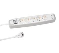 Perel Regleta con Interruptor, 5 enchufes Schuko (Tipo F) con protección Infantil, 2 Puertos USB, Cable H05VV-F 3G1.5 de 1,5 m, 3500 W, IP20, Blanco, 16 A, 230 V