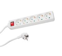 Perel Regleta con Interruptor, 5 Tomas Schuko Tipo F con protección Infantil, Cable H05VV-F 3G1.5 de 1,5 m, 3500 W, alargador de Interior de bajo Consumo, Blanco, IP20, 16 A, 230 V