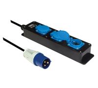 Perel Regleta Exterior, 3 Tomas Tipo E con Tapas abatibles, Enchufe CEE, Cable de Neopreno de 3 m H07RN-F 3G2.5, IP44 Resistente a Salpicaduras, Apta para jardín, Taller y Obras, Negro y Azul