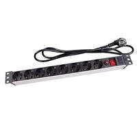 Perel Regleta PDU 8 enchufes Schuko Tipo F con Interruptor y protección contra sobretensiones, Cable 2,15 m H05VV-F 3G1.5, 3680 W para Rack 19" y Armario Servidor