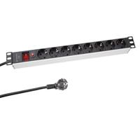 Perel Regleta PDU 8 enchufes Schuko Tipo F con Interruptor y protección contra sobretensiones, Cable 2,15 m H05VV-F 3G1.5, 3680 W para Rack 19" y Armario Servidor