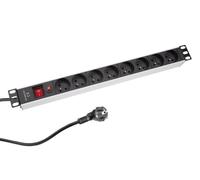 Perel Regleta PDU 8 Tomas, Tomas Tipo E con Toma de Tierra, Rack 19 Pulgadas, 3680 W 16 A, Interruptor, protección contra sobretensiones, Cable 2,15 m, Distribuidor para Armario Servidor Oficina IT