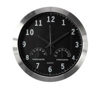 Perel Reloj de Pared 35,5 cm analógico con sincronización horaria DCF, termómetro e higrómetro, Esfera Clara y fácil de Leer, Marco de Aluminio Plateado, salón Cocina Oficina Sala de Espera