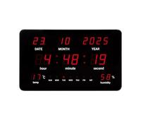 Perel Reloj de Pared Digital Negro, Gran Pantalla LED 37.5x25.5cm, Leds Rojos, Reloj Digital con Calendario, Hora, Fecha, Temperatura y Humedad, termómetro e higrómetro, para Oficina, Taller y Aula