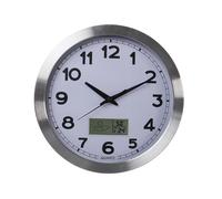 Perel Reloj de pared redondo analógico 35 cm pantalla LCD con termómetro e higrómetro Plata