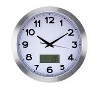 Perel Reloj de pared redondo analógico 35 cm pantalla LCD con termómetro e higrómetro Plata